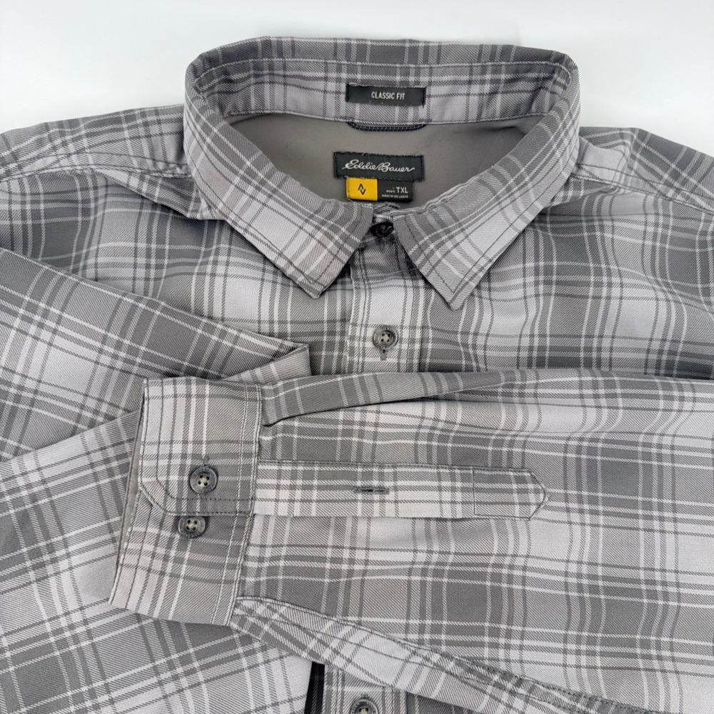 Eddie Bauer Mens Grey Plaid Long Sleeve Button Down Shirt Classic Fit TXL